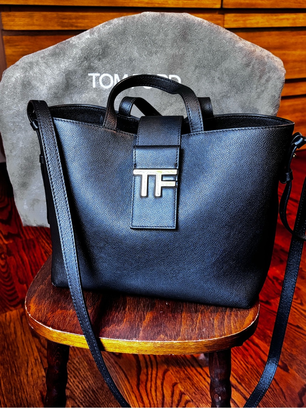 Tom Ford Black Leather TF Plaque Mini Shoulder Tote